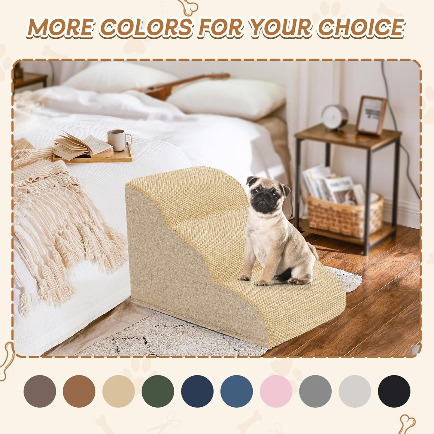 Romrol Dog Stairs Ramp for High Beds Couches, High Density Foam Pet Steps with Durable Non-Slip Waterproof Fabric Cover, Dog Stairs for Small Dogs or Cats or Pets, 3-Step,15 Inch,Beige