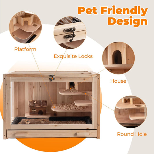 Wooden Hamster Cage, Animal Cabinet for Dwarf Syrian Hamsters Transparent Hamster Cage, Small Animal Cage, Suitable Guinea Pig,Rodents, Hamster Habitats Enclosure, Habitats with Ladder