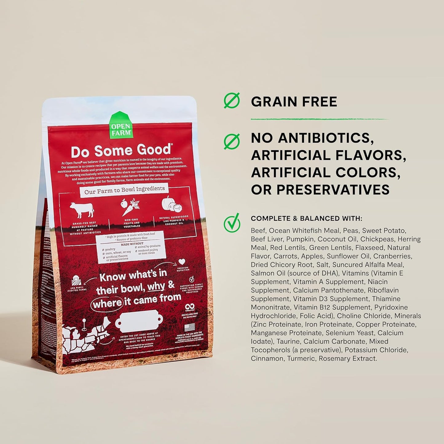 Open Farm, Grain-Free Dry Dog Food, Complete & Balanced Kibble, Sustainably & Ethically Sourced Ingredients, Non-GMO Veggies & Superfoods to Support Overall Health, Grass-Fed Beef Recipe, 11lb Bag