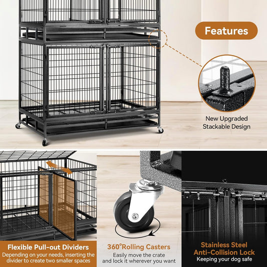 Oranland 48 inch Wire Dog Crate with Divider,2025 New Upgraded Stackable Dog Crate for Nursing Mother Dogs & Puppies,Large Dog Kennel with Reinforced Frame,Sturdy Locks Design/Removable Tray