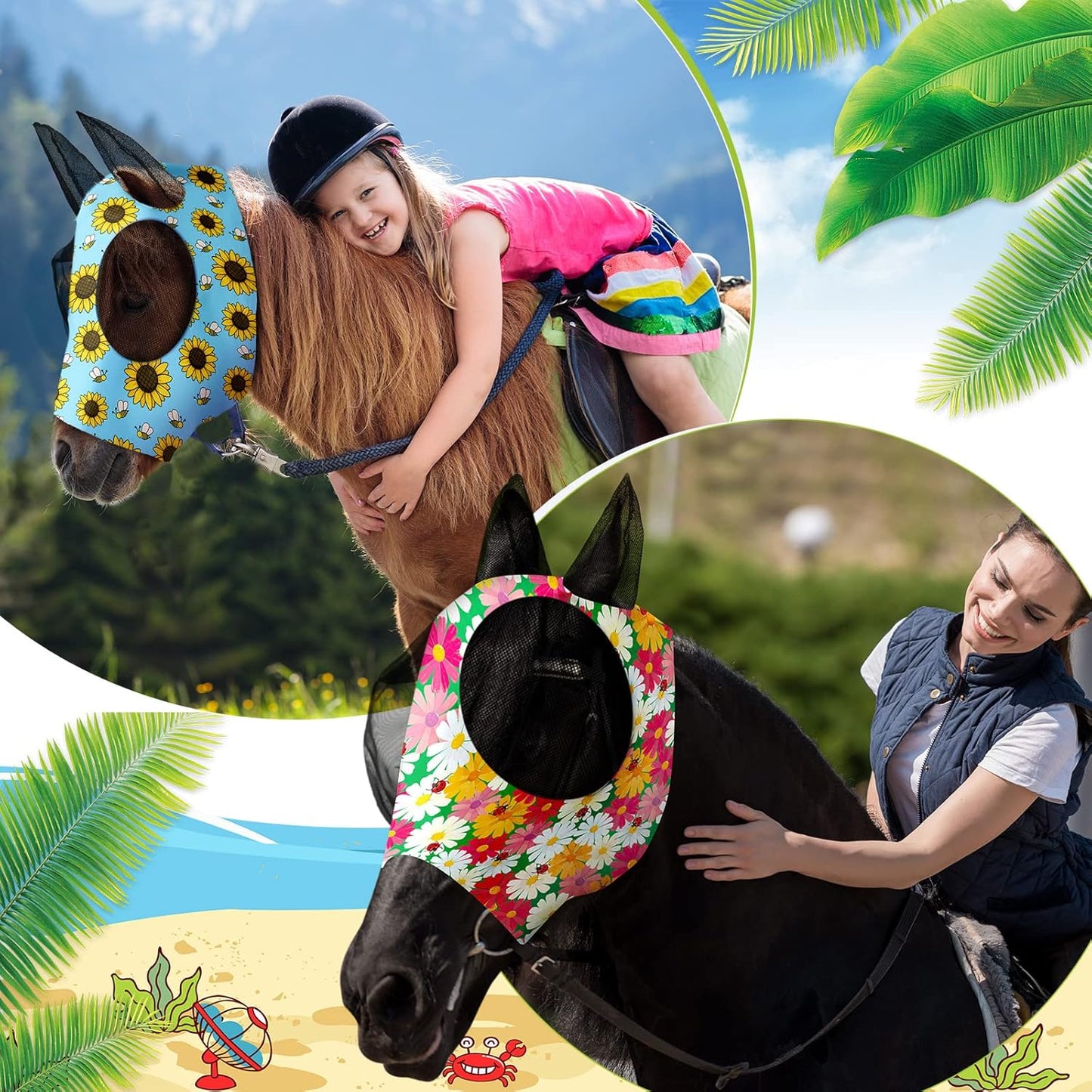 Frienda 4 Pieces Horse Fly Masks with Ears Face Covering UV Protection from Insect Pests Elasticity Smooth Comfortable Mesh Horse Mask Accessories(Flower,Large)