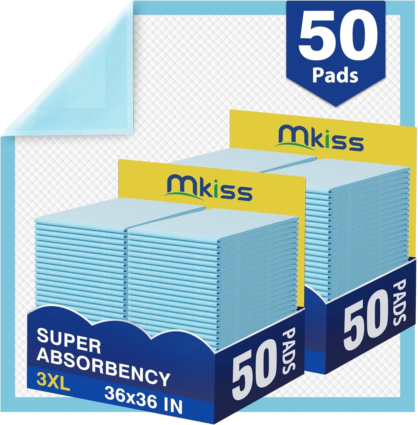 MKISS Bed Pads Disposable 36" x 36" (50 Counts), Large Incontinence Underpads Leakproof Quick Drying Max Absorbent Disposable Pee Pads for Adults, Baby, Puppy, Children, Elderly