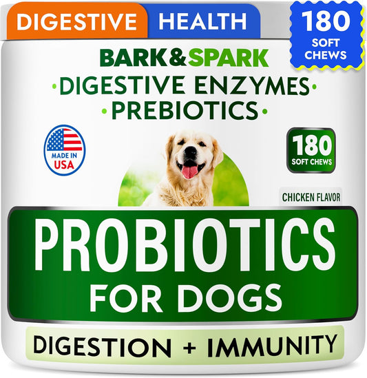 Bark&Spark Dog Probiotics & Digestive Enzymes (Gut Health) Allergy & Itchy Skin - Pet Diarrhea Gas Treatment Upset Stomach Relief, Digestion Health Prebiotic Supplement Tummy Treat (180Ct Chicken)