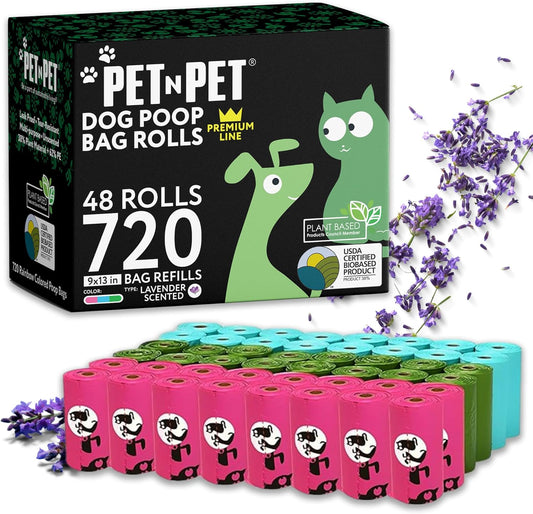 Pet N Pet 720 Counts Lavender Scented, Colorful Poop Bags for Dogs, 38% Plant Based & 62% PE Dog Poop Bags Rolls, Extra Thick Dog Waste Bag, Doggy Bag