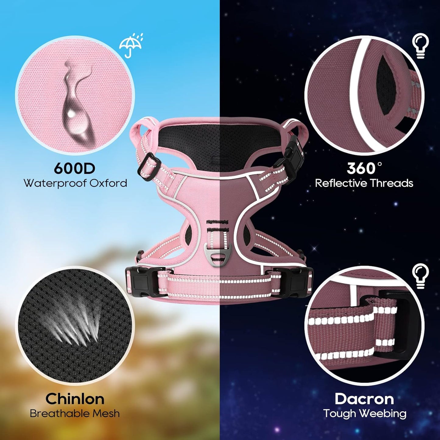 Timos Dog Harness, 3 Snap Buckles No-Pull Soft Padded Dog Vest with 2 Metal Leash Clips, Adjustable Reflective No Choke Pet Harness with Easy Control Handle for Large Dogs,Pale Pink,L