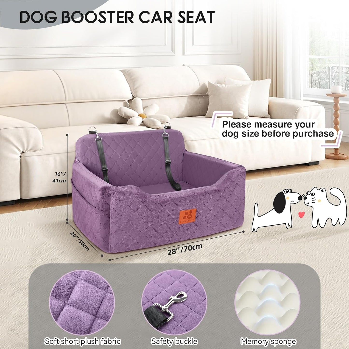 Dog Car Seat for Medium/Large Dogs, Dog Booster Seat for Pet Under 50lbs or 2 Small, Detachable and Washable Pet Car Seat,Multi-Functional Pet Travel Bed for Backseat(Purple)