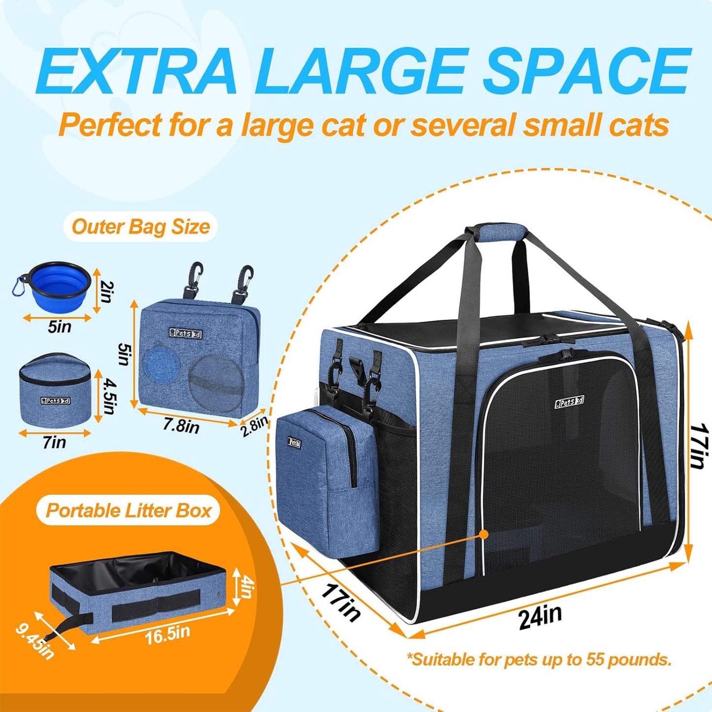 Petskd Extra Large Cat Carrier with Litter Box 24"x17"x17" for Medium Large Cat or 2 Small Cats, Collapsible Soft Sided Pet Carrier for Car Travel with Lockable Safety Zippers(Blue)