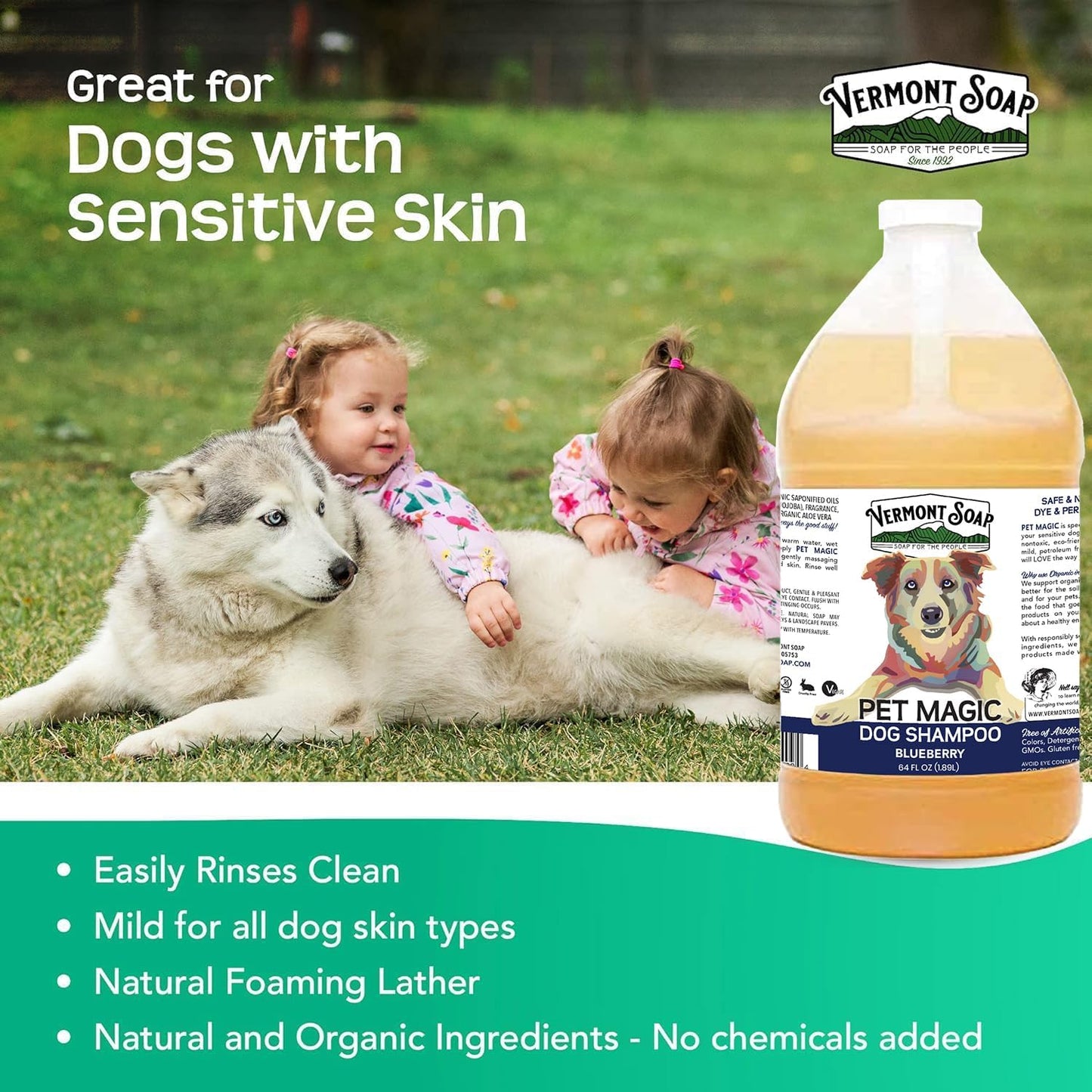 VERMONT SOAP Organics Pet Shampoo - Infused with Organic & Natural Olive Oil, Coconut & Aloe Vera Dog Shampoo for Sensitive Skin - USDA Certified Grooming, Blueberry (64oz)