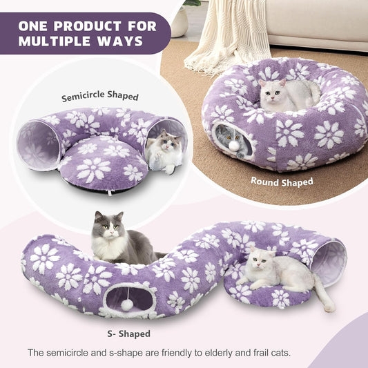 Cat Tunnel for Indoor Cats, Cute Peekaboo Cat Cave with Dangling Balls, Pet Donut Tunnel Bed with Circle Mat for Puppy Kitten Rabbit, Purple