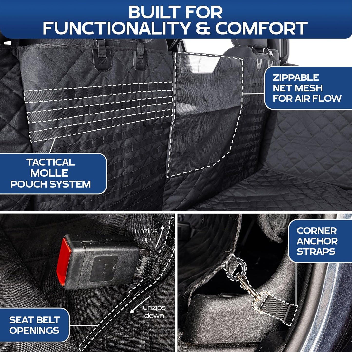 XL Floor Cover with Door Protection and Tactical MOLLE System - As Seen on Shark Tank - Fits Full-Size Crew Cab Trucks with Fold Up Seats, Waterproof & Machine Washable – XL Dog Hammock for Truck