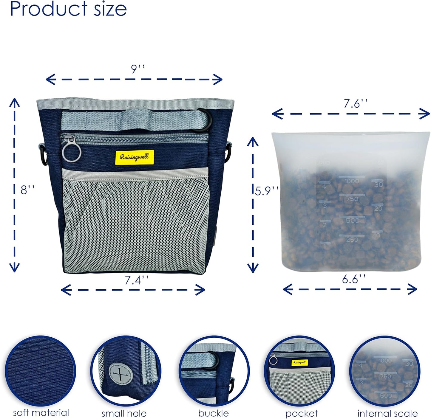 Dog Treat Pouch with Magnetic Closure 4-Cup Silicone Bag Fanny Pack Holder with Clicker 4 Ways to Wear Front Pocket Fits All Phones Ideal for Leash, Pet Walking and Training（Blue）