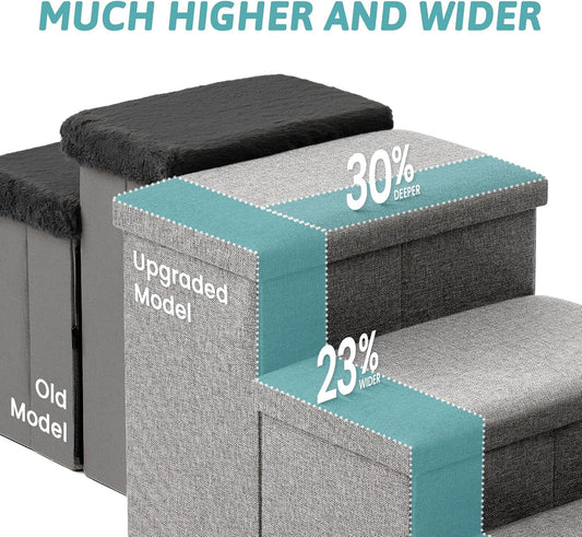 Dog Stairs with Storage, 3-Step Wider Sturdy Dog Steps for Small/Medium/Large Dogs and Older Cats, Folding Doggie Ramp for Bed/Couch/Car Hold Up to 180 lbs (16.7" H, Grey)
