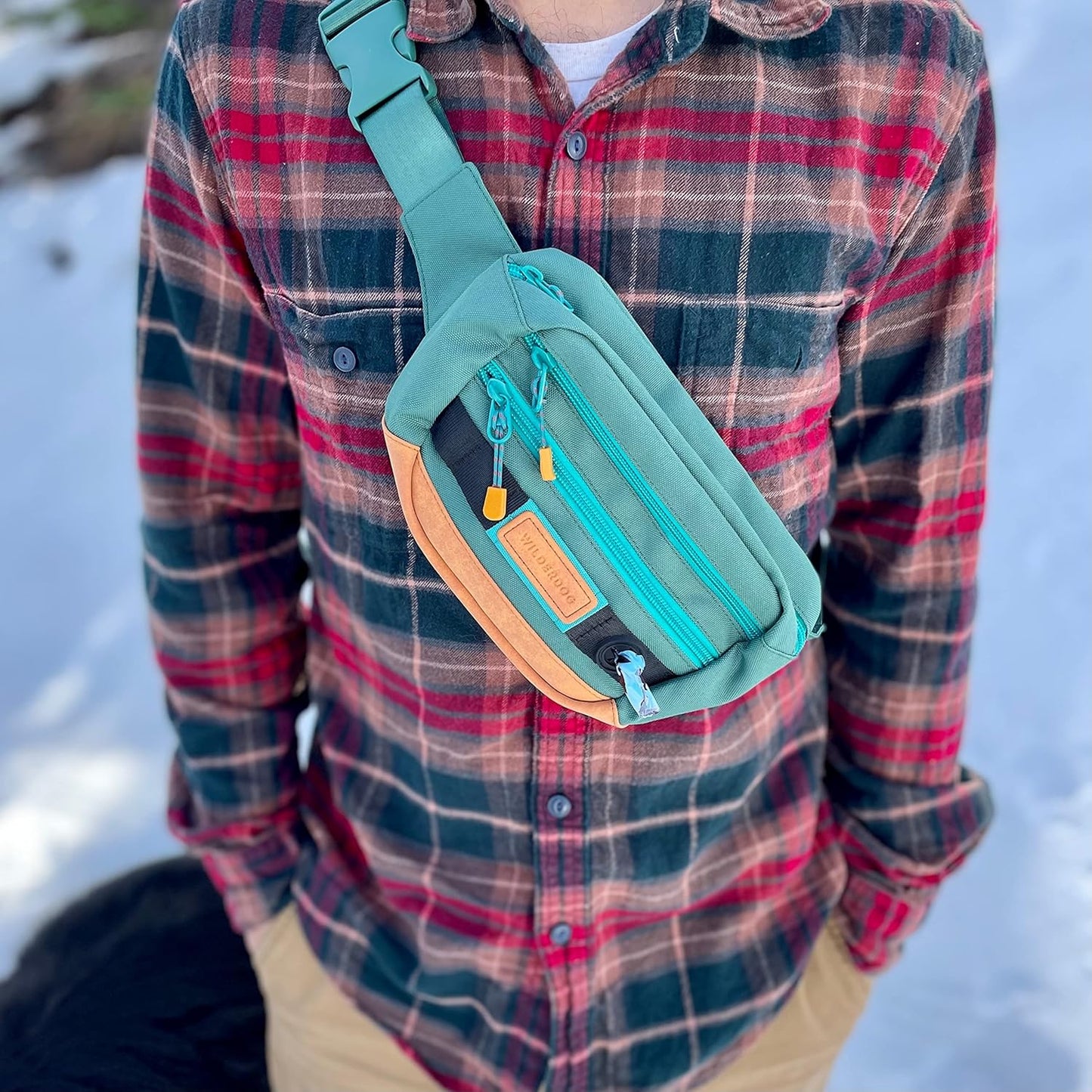 Wilderdog Utility Fanny Pack stores Treats, Balls, Keys in 3 Pockets with adjustable strap and Poop Bag dispenser (Evergreen)