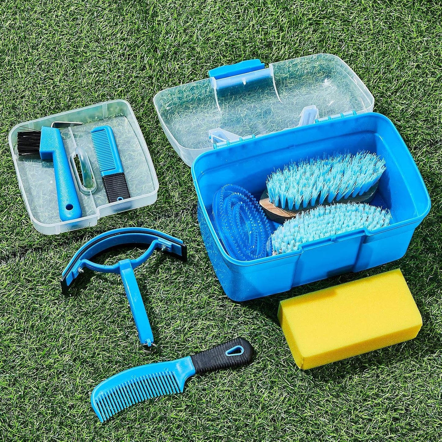 Cunhill 9 Pieces Horse Grooming Kit Tack Room Supplies Set with Organizer Tote Box, Oval Massage Curry, Hard and Soft Brush, Hoof Pick, Sweat Scraper, Bathing Sponge, Combs for Horse Riders Beginners