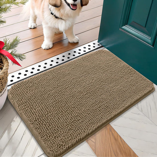 OLANLY Dog Door Mat for Muddy Paws 24x16, Absorbs Moisture and Dirt, Absorbent Non-Slip Washable Doormat, Quick Dry Chenille Mud Mat for Dogs, Entry Indoor Entryway Carpet for Inside Floor, Tan