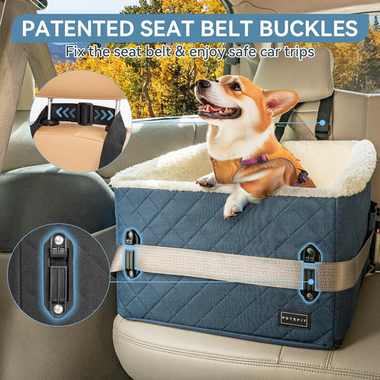 PETSFIT Pet Car Seat for Small Dogs, Soft Foam Dog Booster Car Seat with Patented Safety Buckles, Storage Pockets and Detachable Clip-On Safety Leash, Dog Carseat for Small Dogs Under 30 LBS (Blue)