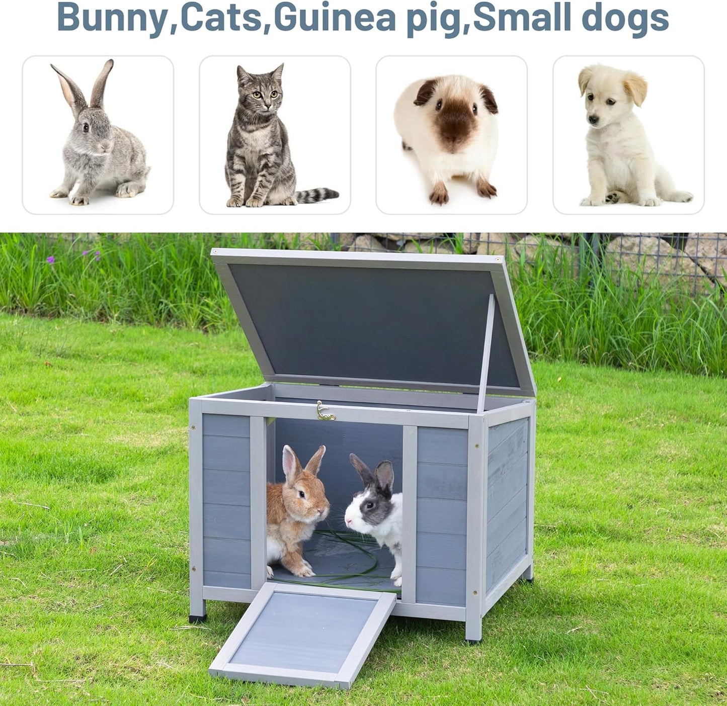 COZIWOW 24inches Wooden Catio Outdoor Cat House Small Animal House，Rabbit Hutch Indoor，Stable Weatherproof Bunny Cage Pet Shelter for Small Cat Dog Rabbit Guinea Pig (Grey)