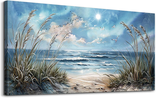 hyidecorart Large Wall Art For Living Room Wall Decor For Bedroom Sunshine Ocean Scenery Painting Blue Sea Waves Wall Pictures Office Modern Canvas Prints Artwork Aesthetic Home Decoration 48"X 24"