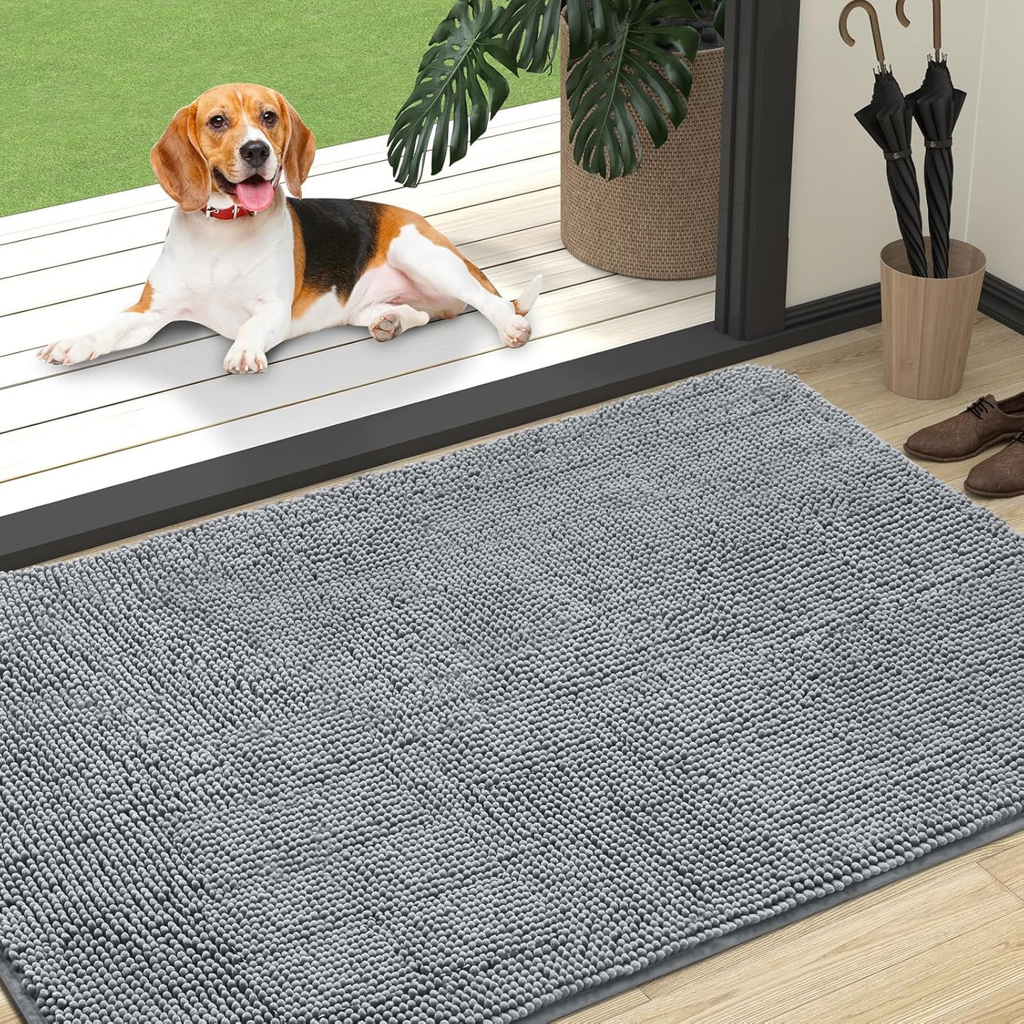 OLANLY Dog Door Mat for Muddy Paws 47x32, Absorbs Moisture and Dirt, Absorbent Non-Slip Washable Doormat, Quick Dry Chenille Mud Mat for Dogs, Entry Indoor Entryway Carpet for Inside Floor, Grey