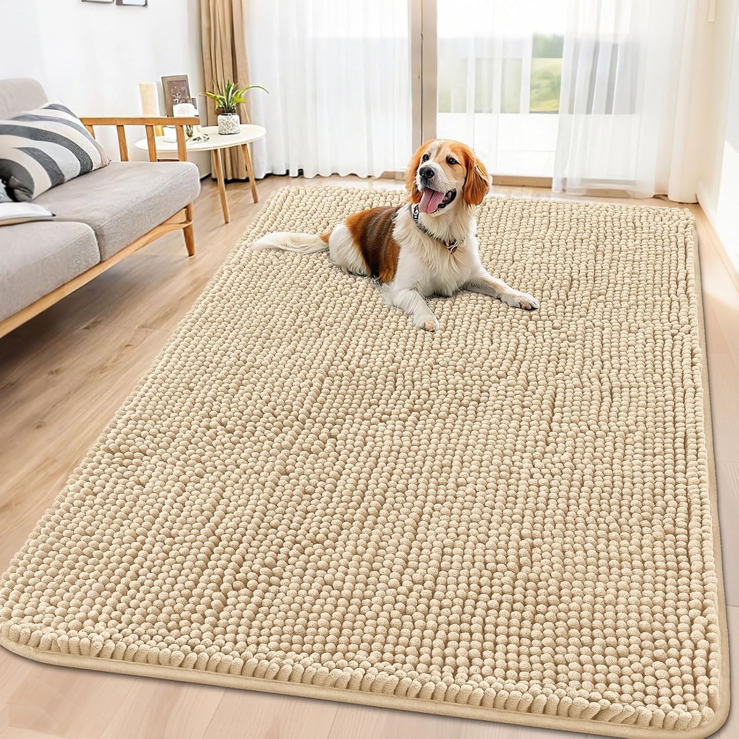 Smiry Dog Door Mat for Muddy Paws 71x46, Absorbs Moisture and Dirt Doormat, Non-Slip Washable Quick Dry Chenille Front Door Mat Indoor Entrance, Entryway Carpet for Inside Floor, Beige
