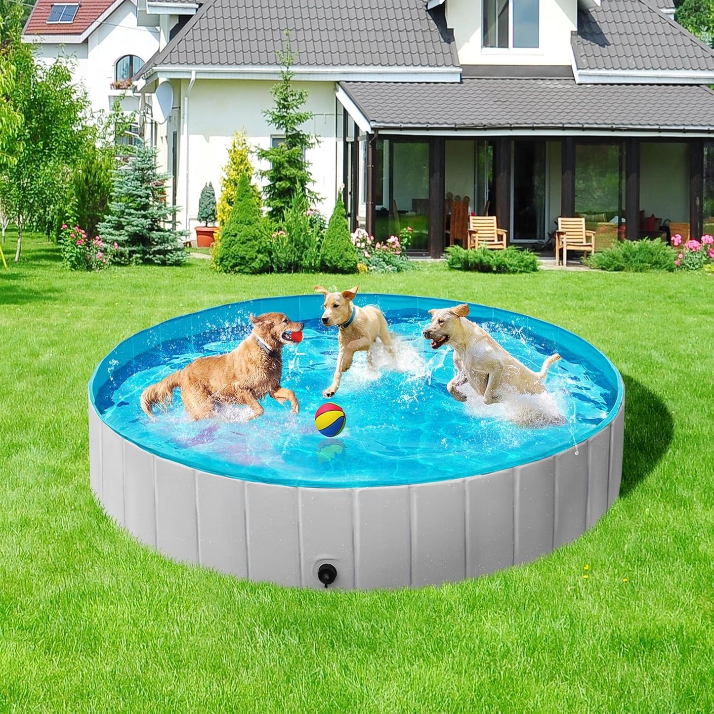 Yaheetech Foldable Dog Pools 71 x 12 Inches Collapsible Hard Plastic Pets Swimming Pool Portable Puppy Bath Tub Cat Shower Pet Wading Pool for Outdoor/Indoor w/Pet Repair Patches, Gray