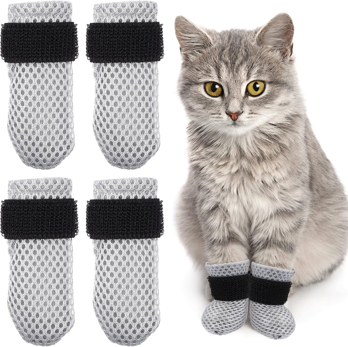 4Pcs Cat Nail Caps, Cats Booties Mittens Paw Covers Caps Shoes for Bathing Shaving Checking Nail Cutting, Pet Grooming Socks AntiScratch Adjustable Pet Claw Protector Foot Sleeves, Grey M
