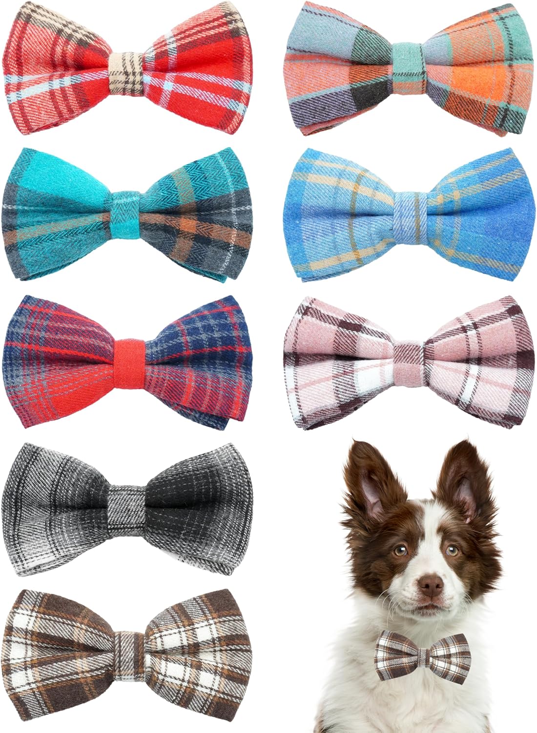 PET SHOW 8 Pack Plaid Big Dogs Collar Bow Ties for Medium Large Dogs Collar Charms Accessories Slides Attachment Bowties for Birthday Wedding Parties Assorted