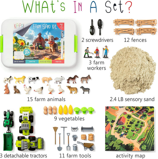 59 PCS Farm Sensory Bin Sandbox with Lid, 2.2 LB Sensory Sand, 40 Toddler Farm Toys, 3 Take Apart Construction Trucks -Sensory Toys for Kids 5-7, 3-4 & Up- Kids Gifts for Boys and Girls