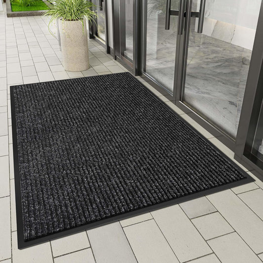 Indoor Outdoor Door Mat, 5' x 3' Doormat for Entryway, Rubber Backing Non Slip Front Door Mat Outside Entrance, Super Absorbent Commercial Floor Mat for Home Office, Black