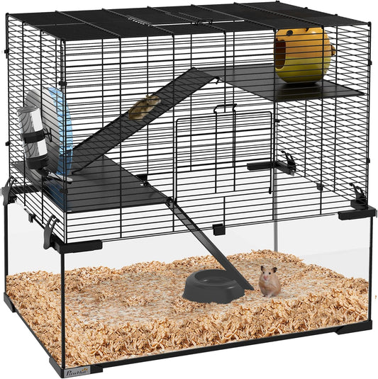 PawHut Large Hamster Cage with Deep Tempered Glass Bottom, 3 Tiers Hamster Tank with Running Wheel, Hut, Water Bottle, Dish, Rat Cage for Syrian, Dwarf, Gerbils, Mouse, 23.5" x 16" x 22.5", Black