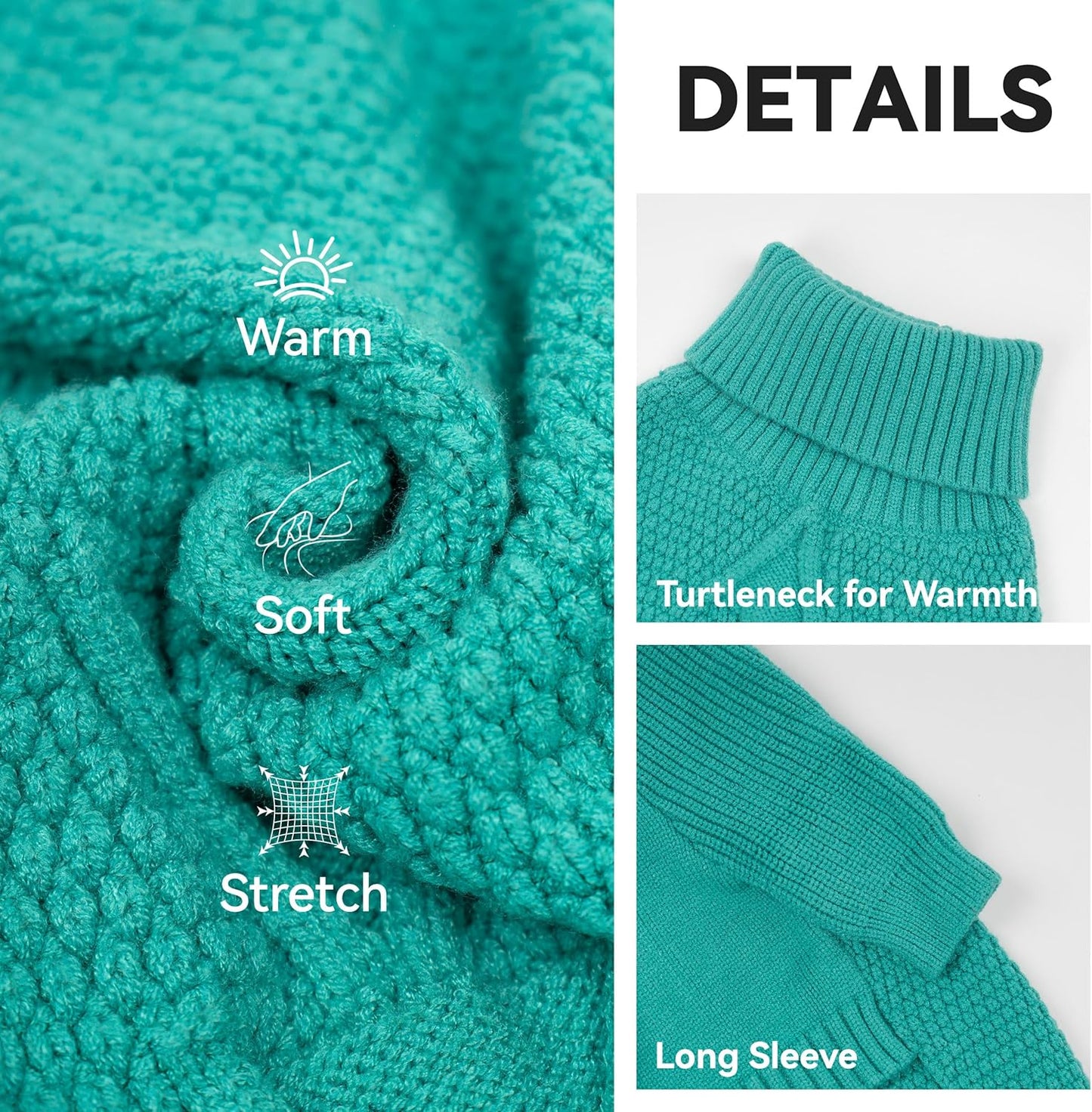 cyeollo Small Dog Sweater, Warm Stretchy Sweaters for Small Dogs Girl, Pullover Knitted Thermal Winter Big Dog Clothes with Sleeves, Turtleneck Pet Beagle Border Collie Apparel, Aqua Green L