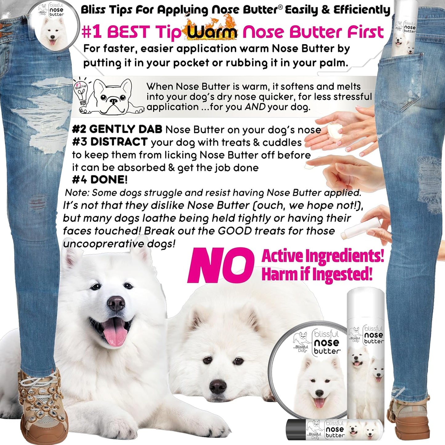 The Blissful Dog Samoyed Nose Butter for Dry, Cracked Skin, Lick-Safe Dog Nose Balm with Moisturizing Shea Butter, Almond, Olive, and Essential Oils, Pet Supplies, Uncented, 2 oz.