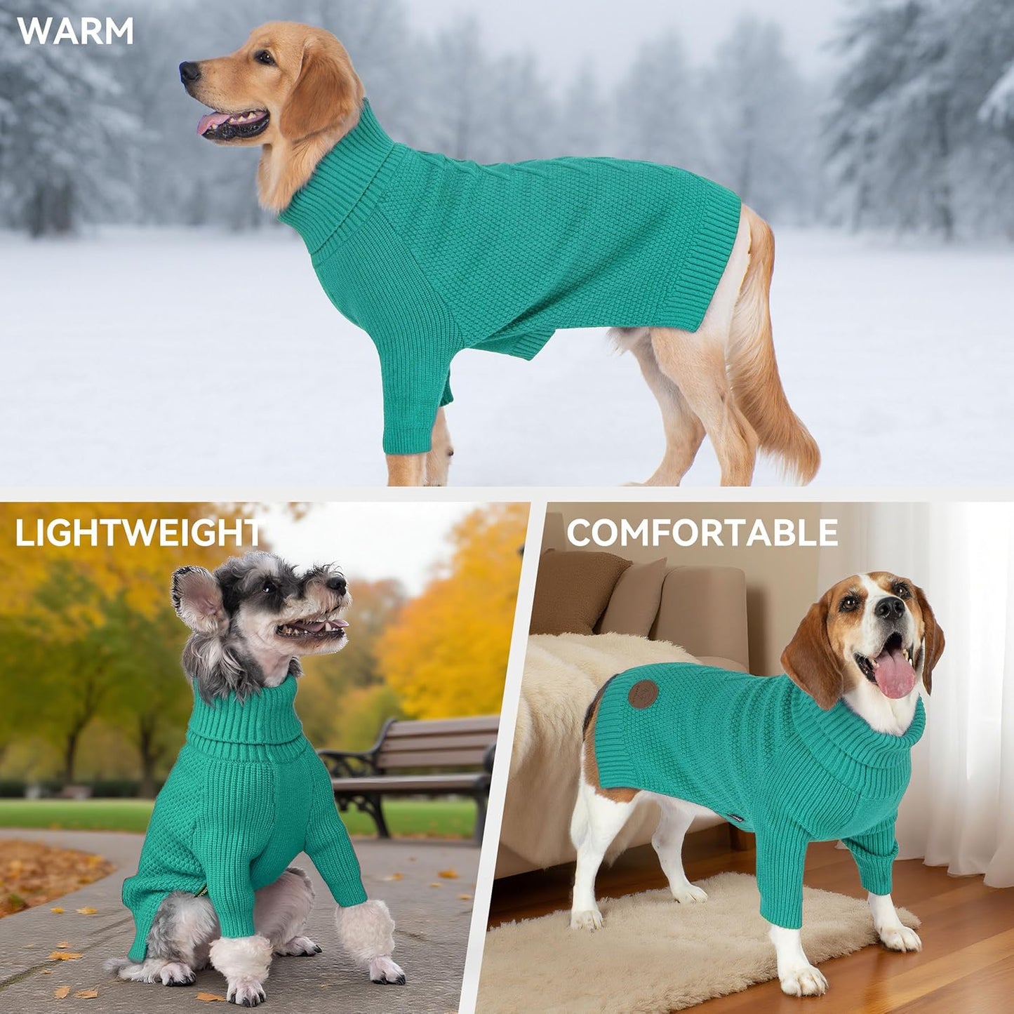 cyeollo Fleece Dog Sweaters for Medium Dogs Male, Stretchy Warm Turtleneck Doggy Clothes for Fall Winter Pullover Doggie Jacket Thermal Knit Pet Apparel with Sleeves, Aqua Green XL