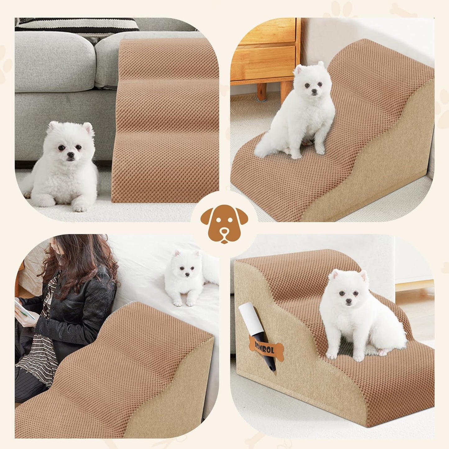 Romrol Dog Stairs Ramp for Beds Couches, Extra Wide Pet Steps with Durable Non-Slip Waterproof Fabric Cover, Dog Slope Stairs for Small Dogs and Cats or Pets Friendly, 3-Tiers, 13 Inch,Light Brown