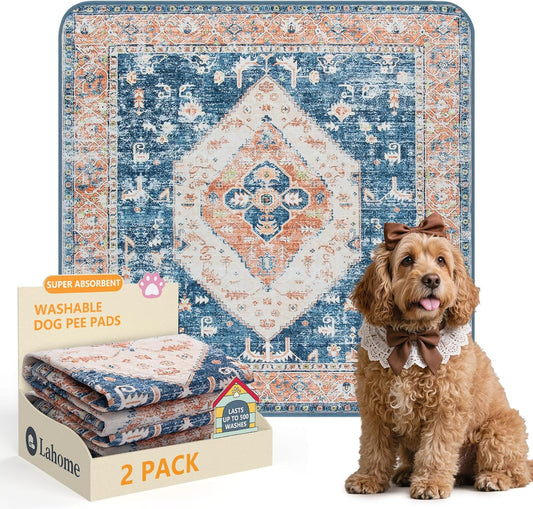 Lahome Super Absorbent Washable Pee Pads for Dogs - Secure Floor Protection - Non-Slip, Leakproof Reusable Pads for Training, Crates & Playpens (2 Pack, 36"x36", Beige Blue)