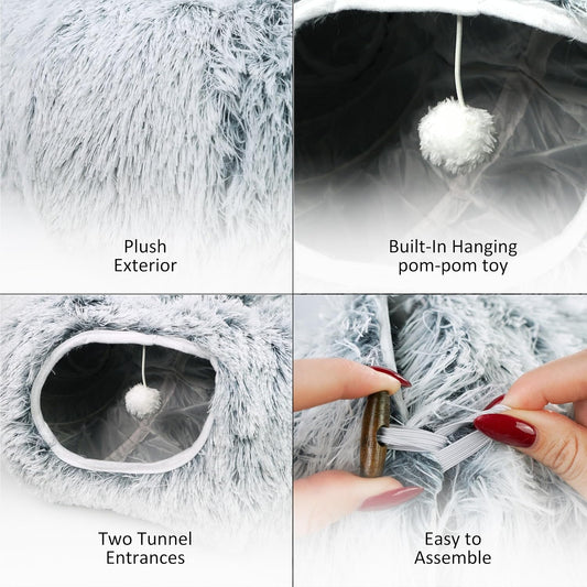 Cat Donut Bed with Washable Cushion – Cat Caves for Indoor Cats – Collapsible Donut Bed with Peekaboo Pet Tunnel & Tunnel Toy – Cozy Hideout for Kittens, Ferrets, Rabbits & Dogs – Grey