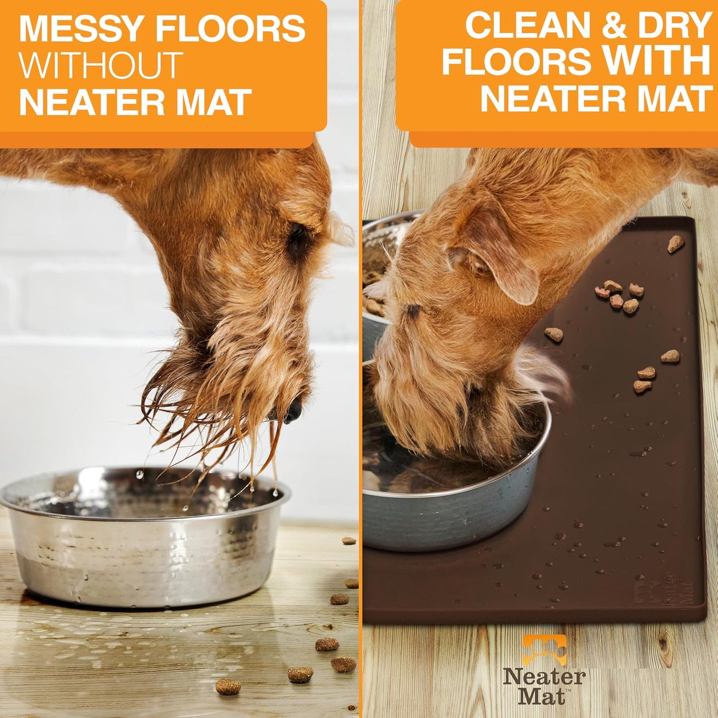 Neater Pet Brands Neater Mat Pet Mats for Food and Water, Cat & Dog Bowl Mat Waterproof Silicone, Feeding Tray, Dog Food Mats for Floors, Placemat w/Raised Edge for Under Bowls, 24" x 16", Brown