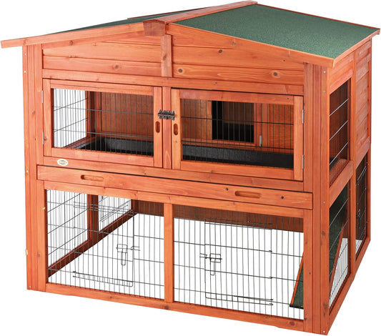 TRIXIE natura Outdoor Deluxe Rabbit Hutch with Run - Large 2-Story Rabbit Cage with Non-Slip Ramp - Elevated Small Animal House with Secure Playpen, Hinged Roof & Two Pull-Out Trays - in Natural