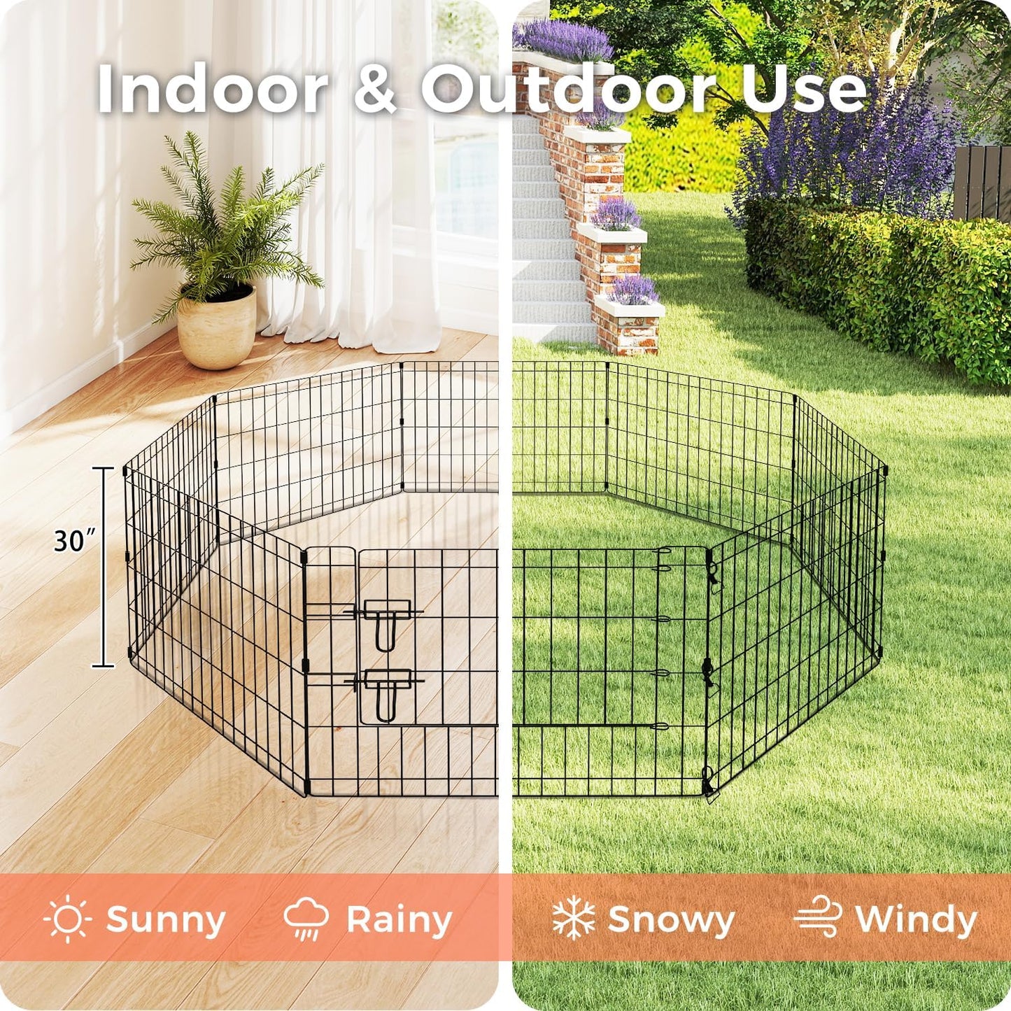 Foldable Dog Playpen 30" Height 8 Panels Metal Exercise Pen with Door - Indoor/Outdoor Puppy Playpen for Small Dogs, Portable Pet Fence for Yard Garden Camping, Black