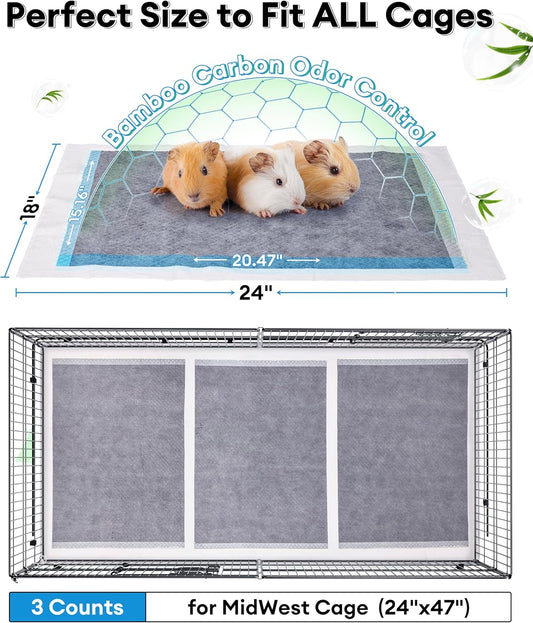 BUCATSTATE 50 Count Disposable Guinea Pig Cage Liners, Super Absorbent Guinea Pig Bedding, Bamboo Charcoal Odor Control Pee Pads for Rabbits, Ferrets and Small Animals (18''x24'')