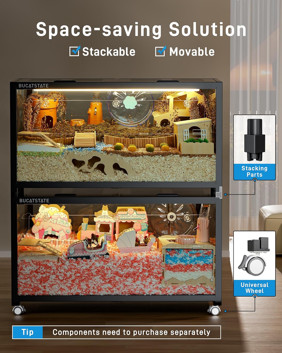 BUCATSTATE Hamster Cage 3.0: Large Metal Rat Cage Stackable with Top Access Easy Assemble 39.3L x 19.7W x 20.4H Inches Dwarf Syrian Hamster Tank for Gerbil Mouse (5.4 ft², Black)