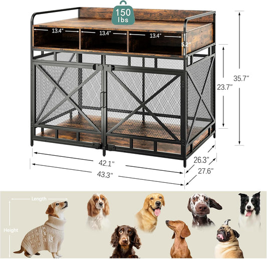 Dog Crate Furniture, 43" Heavy Duty Wooden Dog Crate End Table, XL Dog Kennel Furniture Large Breed, Decorative Dog Kenne Indoor with 3 Drawers & Steel Tubes 43" L x28 W x36 H (Rustic Brown)