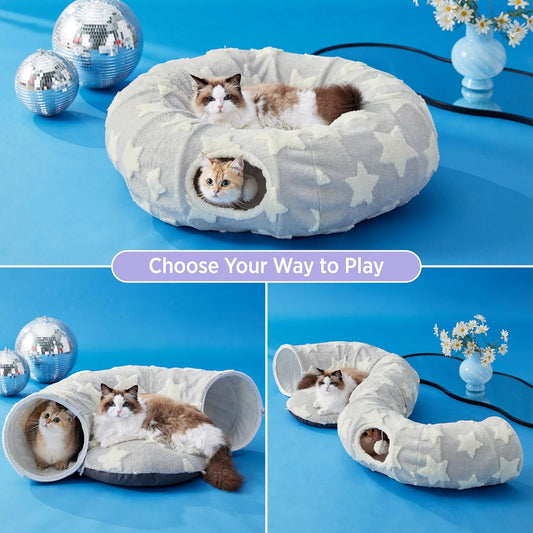 Lesure Cat Tunnel Bed for Indoor Cats - Cute Cat Donut Tunnel Toys for Small Large Cats with Washable Circle Cushion, Round Pet Peekaboo Cave Toy for Kitten/Puppy/Rabbit, Standard Grey