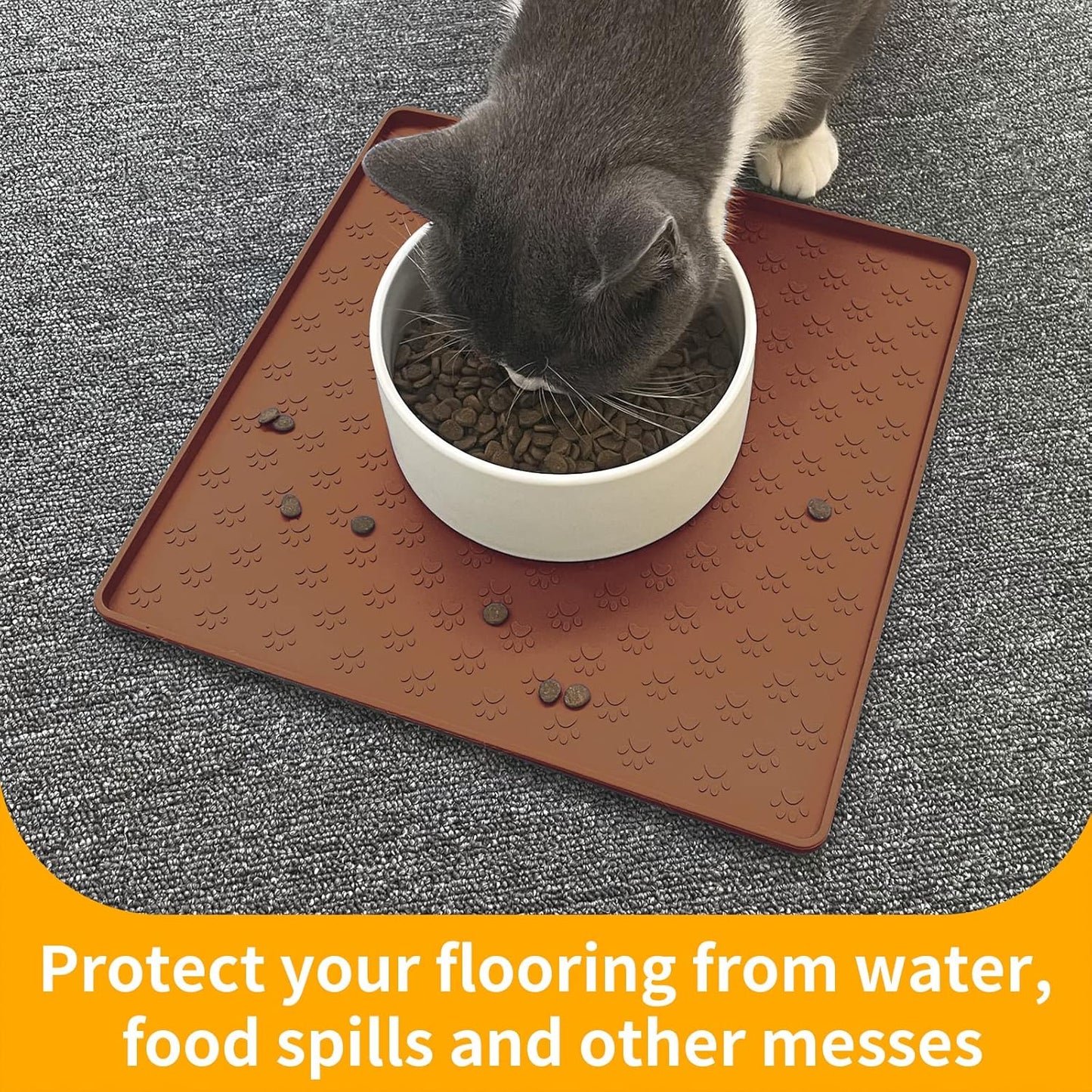Ptlom Pet Placemat for Dog and Cat, Waterproof Silicone Pet Feeding Bowl Mats for Food and Water, Small Medium Large Dogs Mat Prevent Residues from Spilling to Floor, Brown, 11.8"x11.8"