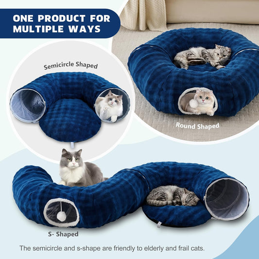 Bubble Cat Tunnel for Indoor Cats, Round Peekaboo Cave Toy with Dangling Balls, Donut Tunnel Bed with Circle Mat for Puppy Kitten Rabbit, Navy Blue