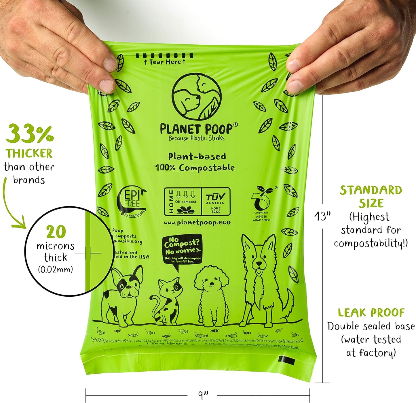 PLANET POOP Home Compostable Dog Poop Bags on Refill Rolls, 60 Un-Scented Pet Waste Bags, Thick Leakproof Plant-Based Doggy Bag, Cat & Dogs Supplies