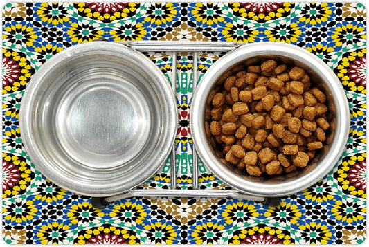 Lunarable Moroccan Pet Mat for Food and Water, Architectural Glaze Wall Tile Ceramic Historical Traveling Destinations, Non-Slip Rubber Mat for Dogs and Cats, 18" X 12", Khaki Blue