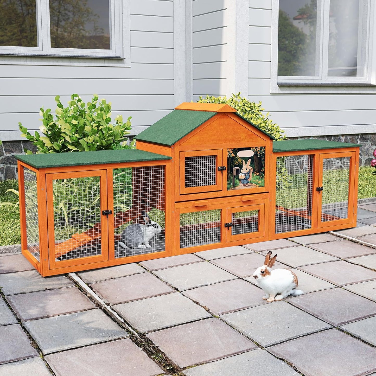 COZIWOW 82” Extra Large Fashion Wooden Outdoor Rabbit Hutch Bunny Cage Indoor Easy to Assemble and Durable with Cleaning Tray & Waterproof Roof for Small & Medium Bunny Rabbit Duck Chick (Orange)