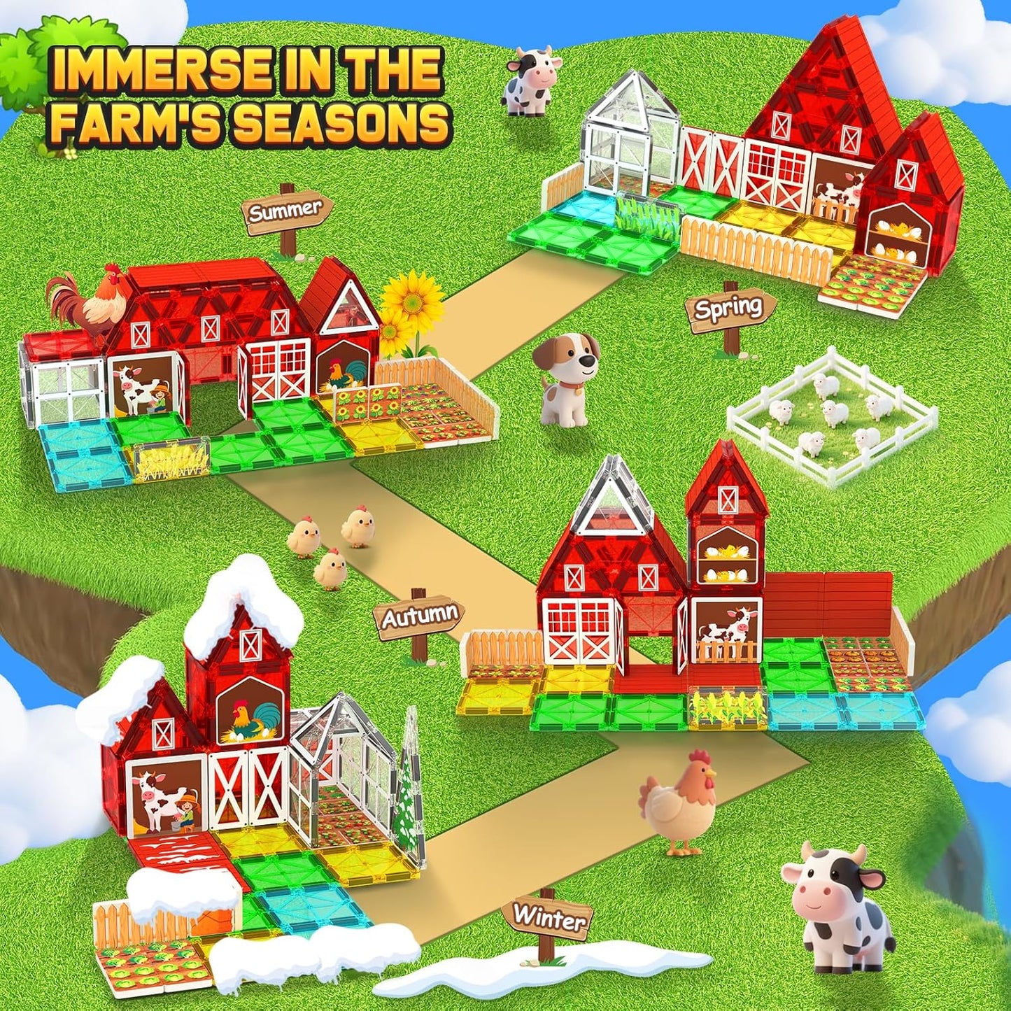 Magnetic Tiles Farm Animal Toys 66P - Build 4-Seasons Farm Scene, Farm Magnetic Blocks for Kids Ages 3-5 4-8 Boys Girls, STEM Magnet Toys for Classroom Indoor Outdoor, Kids Gift for Birthday Christmas