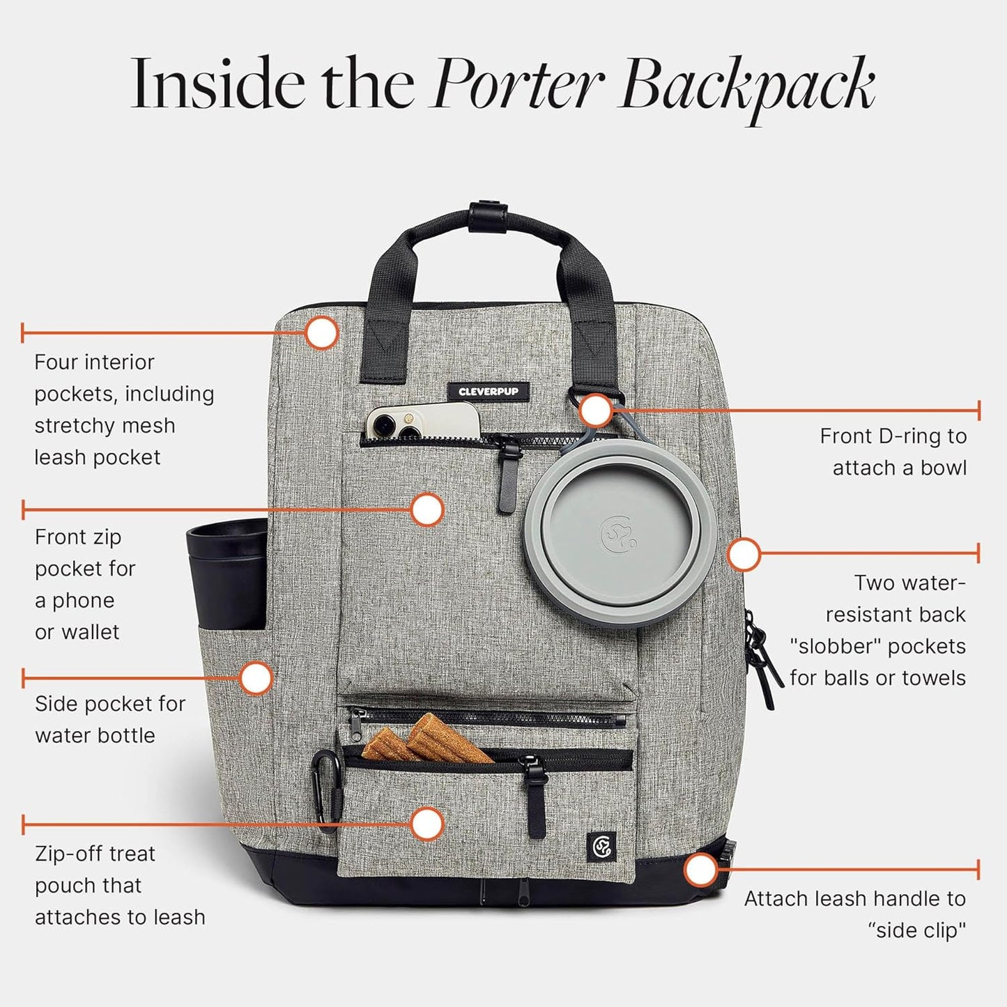 Porter 2-in-1 Dog Gear Backpack – Premium Dog Travel Bag with 10 Pockets, Zip-Off Treat Pouch, Leash Clip, Waterproof Pockets & Water Bottle Holder – Weekend, Hiking, Camping, Heather Grey